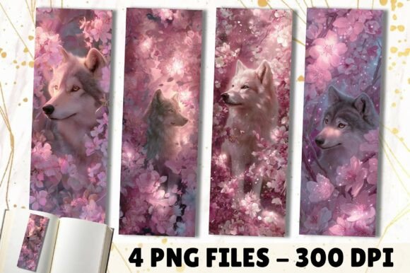 Cherry Blossom Wolf Floral Bookmark: A Blend of Nature and Wilderness