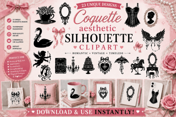 Coquette Aesthetic Silhouette Clipart: Vintage Elegance for Modern Designs
