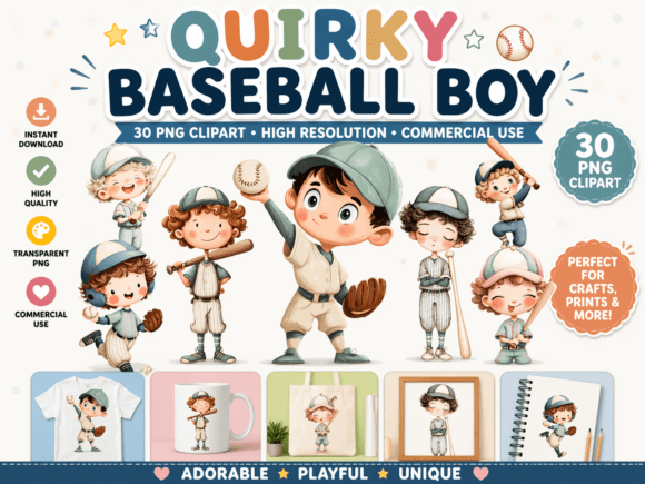 Quirky Baseball Boy Clipart: A Home Run for Creative Projects