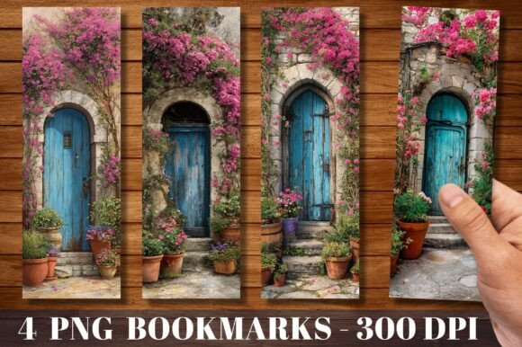 Rustic Blue Mediterranean Door Bookmark: A Digital Escape for Your Reading Nook